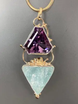 P-2201 Aquamarine Surface & Faceted Amethyst Pendant